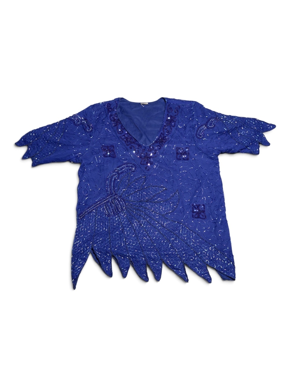 Vintage Blue Silk Beaded Embellished Top XL Made in India